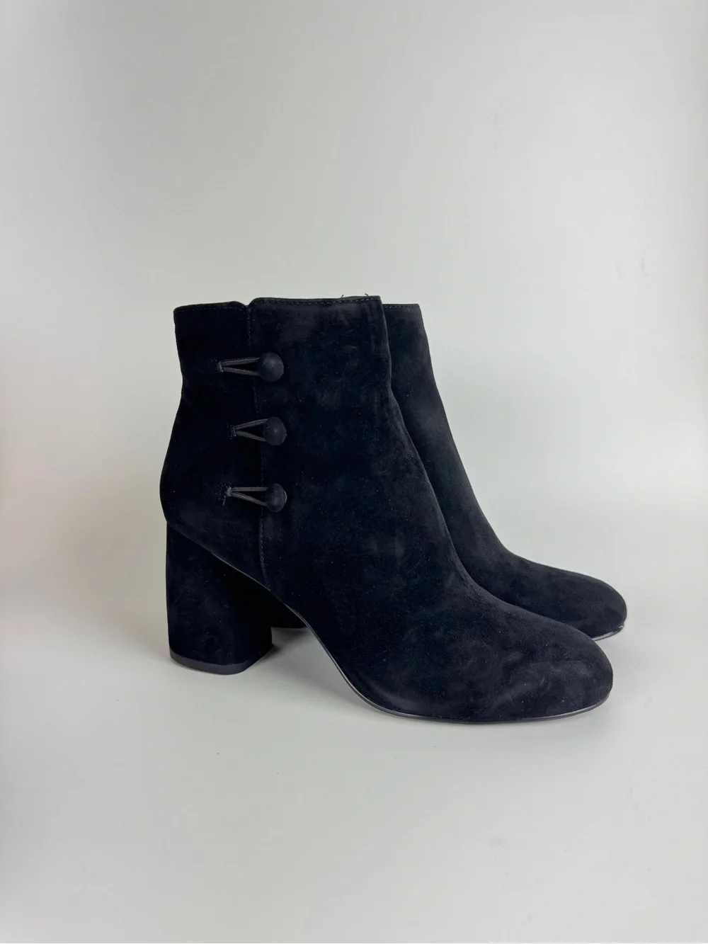 Nine West Black Suede Button Accent Block Heel Ankle Boots